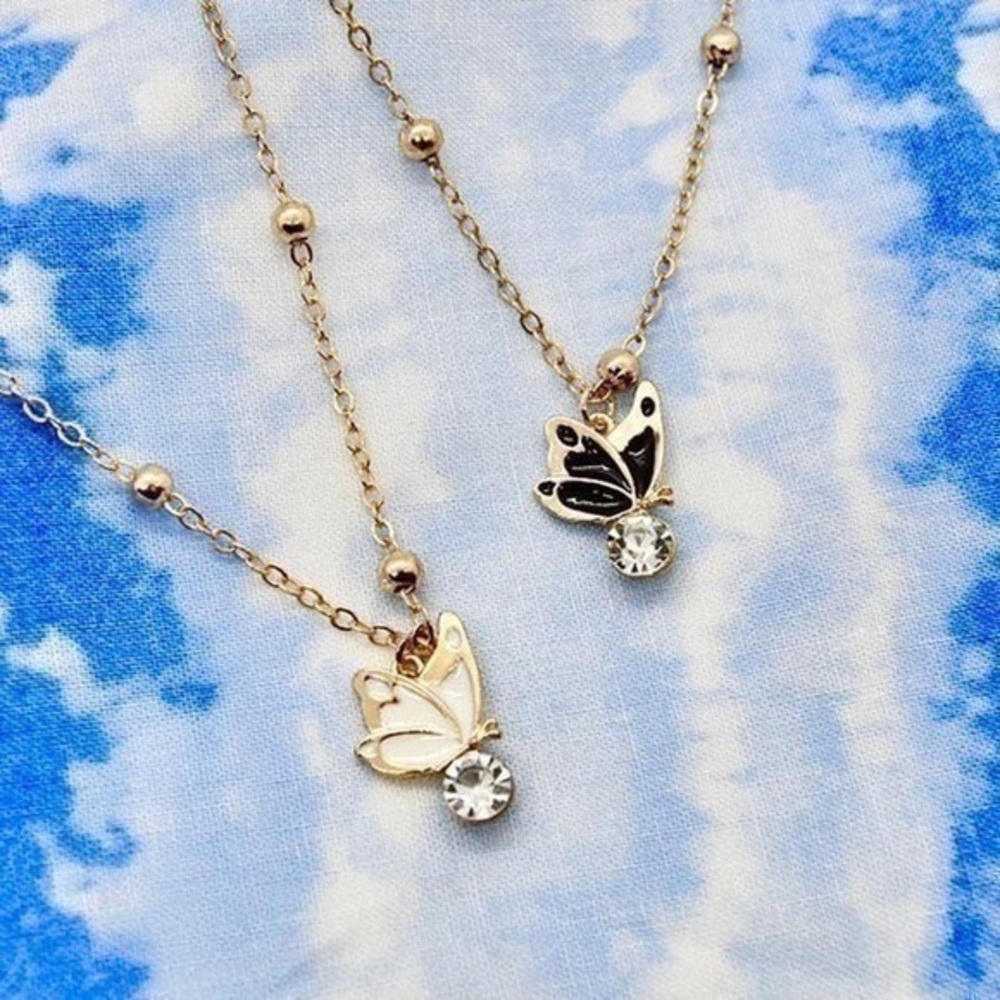 Set of Black and White Rhinestone Butterfly Necklaces